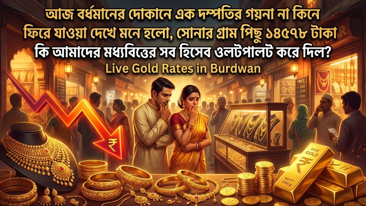 আজ বর্ধমানের দোকানে এক দম্পতির গয়না না কিনে ফিরে যাওয়া দেখে মনে হলো, সোনার গ্রাম পিছু ১৪৫৭৮ টাকা কি আমাদের মধ্যবিত্তের সব হিসেব ওলটপালট করে দিল?