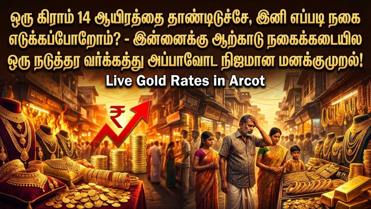 "ஒரு கிராம் 14 ஆயிரத்தை தாண்டிடுச்சே, இனி எப்படி நகை எடுக்கப்போறோம்?" - இன்னைக்கு ஆற்காடு நகைக்கடையில ஒரு நடுத்தர வர்க்கத்து அப்பாவோட நிஜமான மனக்குமுறல்!