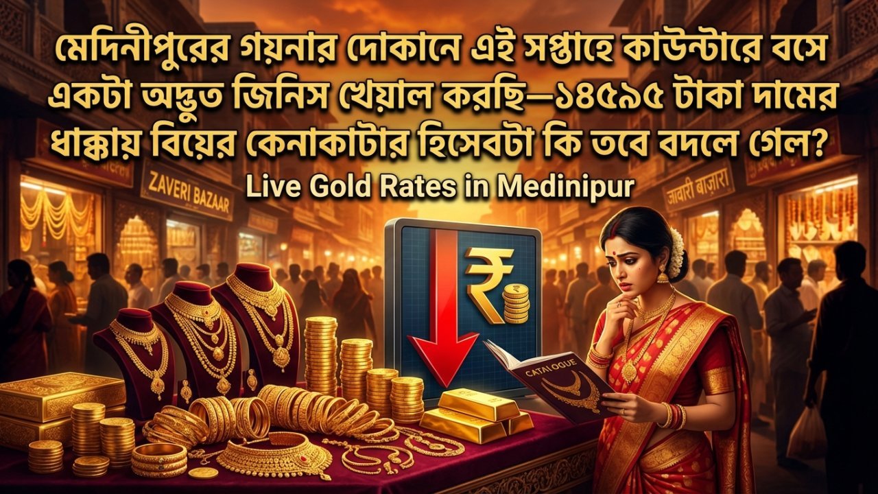 মেদিনীপুরের গয়নার দোকানে এই সপ্তাহে কাউন্টারে বসে একটা অদ্ভুত জিনিস খেয়াল করছি—১৪৫৯৫ টাকা দামের ধাক্কায় বিয়ের কেনাকাটার হিসেবটা কি তবে বদলে গেল?
