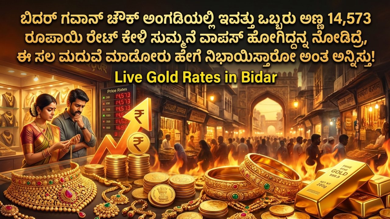 ಬಿದರ್ ಗವಾನ್ ಚೌಕ್ ಅಂಗಡಿಯಲ್ಲಿ ಇವತ್ತು ಒಬ್ಬರು ಅಣ್ಣ 14,573 ರೂಪಾಯಿ ರೇಟ್ ಕೇಳಿ ಸುಮ್ಮನೆ ವಾಪಸ್ ಹೋಗಿದ್ದನ್ನ ನೋಡಿದ್ರೆ, ಈ ಸಲ ಮದುವೆ ಮಾಡೋರು ಹೇಗೆ ನಿಭಾಯಿಸ್ತಾರೋ ಅಂತ ಅನ್ನಿಸ್ತು!