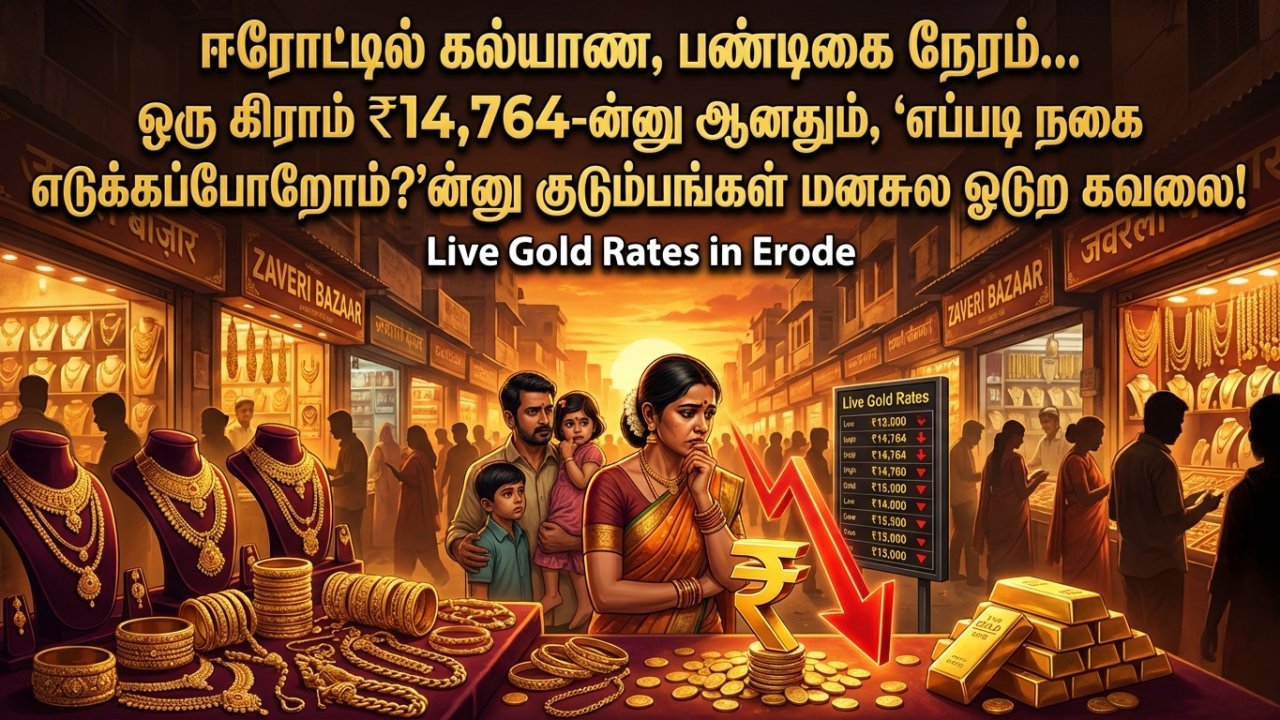 ஈரோட்டில் கல்யாண, பண்டிகை நேரம்... ஒரு கிராம் ₹14,764-ன்னு ஆனதும், 'எப்படி நகை எடுக்கப்போறோம்?'ன்னு குடும்பங்கள் மனசுல ஓடுற கவலை!