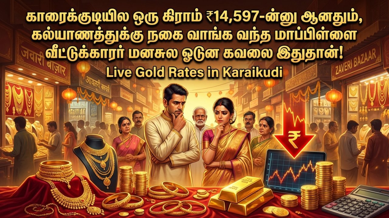 காரைக்குடியில ஒரு கிராம் ₹14,597-ன்னு ஆனதும், கல்யாணத்துக்கு நகை வாங்க வந்த மாப்பிள்ளை வீட்டுக்காரர் மனசுல ஓடுன கவலை இதுதான்!
